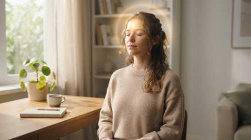 A serene and minimalist close-up shot of a person with eyes closed, performing a deep breathing exercise. A subtle, glowing golden light emanates gently from their prefrontal cortex, symbolizing mental clarity and restored energy. The background is a clean, tranquil, organized minimalist workspace with a single neat notebook and a wooden desk. Natural morning light pouring through a window, calm, peaceful, photorealistic, cinematic.