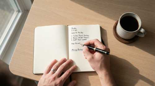 A top-down, clean flat lay of a modern minimalist workspace. A single open notebook lies in the center with a hand writing with a fountain pen, demonstrating singular focus. Beside it, a single cup of black coffee sits on a wooden coaster. There are no distracting devices, no multiple screens. Crisp morning sunlight casts soft, elegant shadows across the desk. Professional, clean, peaceful, ultra-sharp focus on the paper textures and ink, photorealistic.