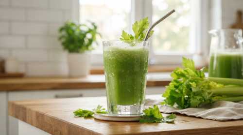 A crisp, refreshing, close-up shot of a tall glass of pure, vibrant bright green celery juice, condensation beads trickling down the glass, sitting on a modern kitchen counter with soft morning sunlight filtering through a window in the background. Photorealistic, clean, revitalizing aesthetic, depth of field.