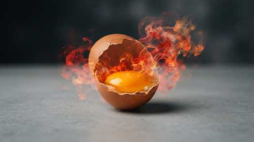 A minimal, artistic studio shot of a single cracked organic egg on a clean, light grey surface. The egg yolk is bright orange-yellow, but it is surrounded by abstract red and orange watercolor-like smoke swirling around it, symbolically representing immunological activation and heat/inflammation. High-end editorial concept, sharp focus, cinematic lighting.