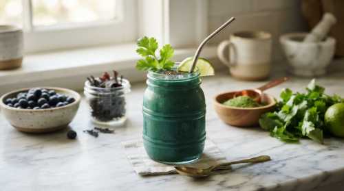 A deep green-blue detox smoothie in a modern glass jar, garnished with a fresh cilantro sprig. In the background, raw ingredients like wild blueberries, dulse seaweed flakes, and barley grass powder are neatly arranged on a clean marble surface. Elegant wellness brand style, 8k, photorealistic, natural lighting.
