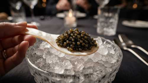 An ultra-luxurious, close-up shot of black sturgeon caviar served on a mother-of-pearl spoon, resting on a bed of crushed ice. The black pearls of caviar glisten under sophisticated restaurant lighting. High-end food editorial style, extremely detailed, depth of field, 8k.