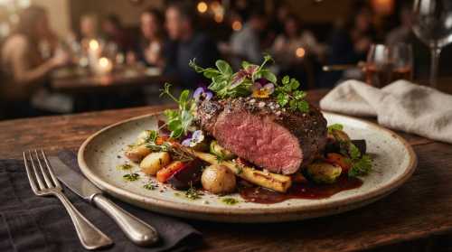 A gourmet, beautifully plated dish of seared grass-fed bison tenderloin, cooked medium-rare, resting on a bed of roasted root vegetables and garnished with microgreens. High-end culinary photography, rustic yet elegant, rich warm tones, soft defocus in the background, 8k.