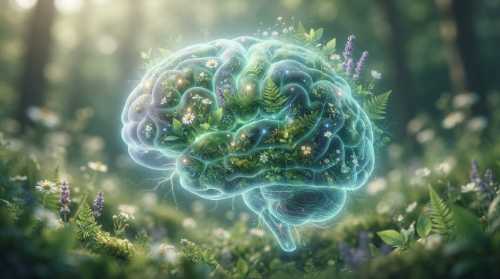 An abstract, beautiful, double-exposure conceptual artwork blending a delicate, glowing human brain with a lush, healthy garden of glowing green flora and wildflowers, symbolizing a balanced gut-brain axis. Soft, ethereal lighting, elegant digital art style, photorealistic textures, calming and healing color palette.