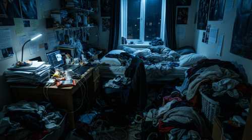 A cluttered, chaotic bedroom with piles of clothes, messy cables, and a desk overflowing with papers under harsh cold blue light, creating an anxious atmosphere. Photorealistic, moody atmosphere, sharp focus, 35mm lens.