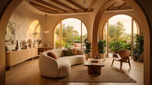 Interior design showcase of a room featuring organic architecture, curved wooden furniture, soft rounded sofas, archways, and lush green indoor plants. Golden hour warm sunlight streaming in. Soft, calming, highly detailed, photorealistic, architectural photography.