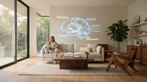A beautiful, minimalist modern living room with clean lines, soft natural lighting flowing through a large window, orderly wooden furniture, and a sense of absolute safety and peace. A subtle, glowing holographic scientific brain overlay showing the hippocampus in a state of calm. Photorealistic, architectural digest style, warm tones.