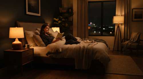 A cozy modern bedroom during evening hours, illuminated entirely by warm low-level lamps at eye-level and soft floor lighting, with no harsh overhead lights. The atmosphere is extremely cozy, relaxing, and ready for sleep. Photorealistic, cinematic depth of field, warm light spectrum under 3000K.