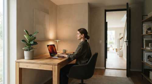 An elegant minimalist home office showcasing the 'Command Position'. The solid wood desk is placed in a corner facing the room, with a solid wall behind it, offering a clear view of a modern open door in the distance. Professional lighting, peaceful workspace, realistic texture of oak wood and plaster walls.