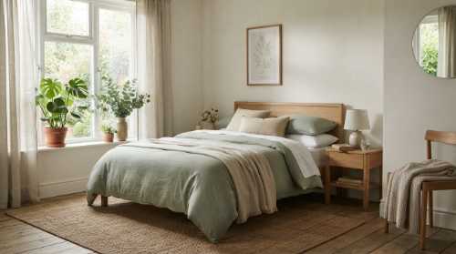 A serene and peaceful bedroom decorated in soft sage green and muted earthy tones. Potted eucalyptus and monstera plants sit by the window. Soft, diffused daylight illuminates the room. Natural linen bedding, minimalist decor, creating a soothing, cortisol-reducing sanctuary. Photorealistic, interior design photography, highly detailed.