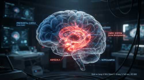 A futuristic, 3D anatomical visualization of an adolescent brain, highlighting the prefrontal cortex in a cool, unlit blue state, contrasting with a highly active, glowing red and orange limbic system. Faint digital circuit lines run through the neural pathways, illustrating a brain under re-engineering. Clean background, scientific yet artistic style.