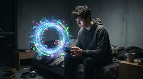 A conceptual, surreal image showing a young person looking down at a glowing digital portal or loop floating in front of them. The loop is composed of vibrant digital data, gaming symbols, and electric circuits, while the surrounding environment is a stark, gray, real-world bedroom. Highly detailed, high-contrast lighting, metaphor for the synthetic autonomy loop.