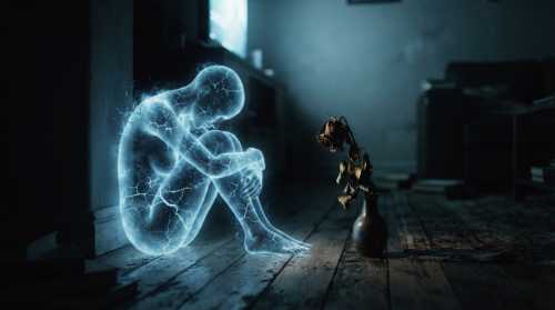 A powerful metaphor of psychological wilting: a translucent, glowing human figure sitting curled up inside a dark room, with faint digital cracks spreading across their form. Next to them, a dried, wilting flower rests in a small vase, illuminated only by a distant screen. Soft focus, dramatic shadows, poetic and evocative atmosphere.