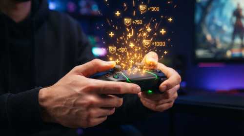 Close-up of hands gripping a modern video game controller with glowing neon green LED accents. Golden sparks, '+' signs, and floating digital experience points (XP) rise up from the buttons like embers from a fire, casting a warm, victorious glow on the player's hands. Sharp focus, energetic particles, satisfying feedback visual.