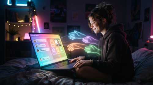 A stylized conceptual representation of digital connection: a teenager sitting alone in a dark room, looking at a glowing chat interface, where friendly, luminous avatar outlines extend warm, holographic hands towards them through the screen. A comforting, low-friction social space, soft ambient neon colors, comforting atmosphere.