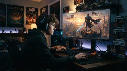 An epic, wide-angle shot showing a teenager wearing gaming headphones, but his reflection in the screen shows a powerful, majestic knight standing atop a high fantasy castle overlooking a massive, vibrant digital kingdom. The contrast between his humble real bedroom and his glorious synthetic sovereign digital realm is striking. Cinematic lighting, rich colors.
