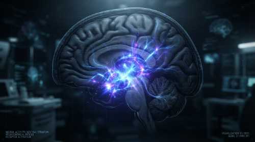 A high-tech brain scan visualization showing the striatum ventral lighting up like a sudden, brilliant burst of neon blue and violet electricity, cutting through the dim, inactive gray of the surrounding brain areas. Dynamic energy flow, digital sci-fi medical illustration, symbolizing a neurochemical rescue.