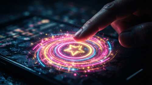 A dramatic close-up of a finger hovering over a glowing, hyper-stimulating digital screen button labeled with a sparkling star, surrounded by an intense vortex of bright neon pink and yellow light, symbolizing the trap of instant, cheap dopamine. Surreal, hypnotic, high-contrast, representing the loop of physical paralysis.