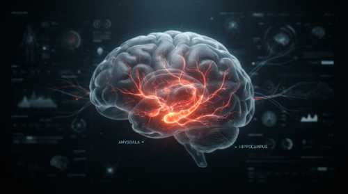 A high-tech, abstract scientific visualization of a child's brain from a lateral view. Areas like the amygdala and hippocampus are highlighted with a soft, warm orange-red glow, showing neural stress pathways. Surrounding the brain are faint medical graphs, clean minimalist background, cinematic lighting, 3D render, highly realistic.