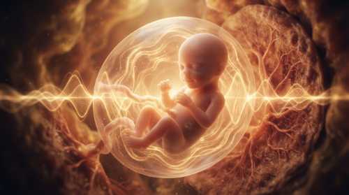 A conceptual, beautiful 3D scientific visualization of a developing fetus inside a warm, protective womb. Translucent and soft glowing warm orange and golden lights surround the fetus, representing acoustic waves and heartbeat vibrations. Gentle, serene atmosphere, high-end medical illustration style, peaceful and artistic.