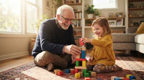 An optimistic, warm photograph of a smiling elderly grandfather playing with a young child on a soft rug, building a tower with colorful wooden blocks. Sunlight streams through a nearby window, illuminating the room. The atmosphere is full of joy, safety, and resilience. Photorealistic, shallow depth of field.