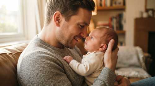 A father holding his infant close to his face, speaking softly with a warm, caring expression. Intimate side-profile photo, warm, natural lighting, soft focus. You can feel the calm and safety of the moment. High detail, photorealistic, expressing emotional security and vocal connection.
