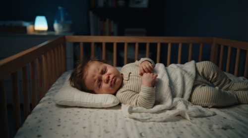 A realistic photograph of an infant sleeping fitfully in a cozy crib at night. The room is softly illuminated by a faint blue and warm nightlight, casting gentle shadows. The baby's expression is slightly tense, portraying restless sleep. Cinematic mood, realistic textures, tender but fragile atmosphere.