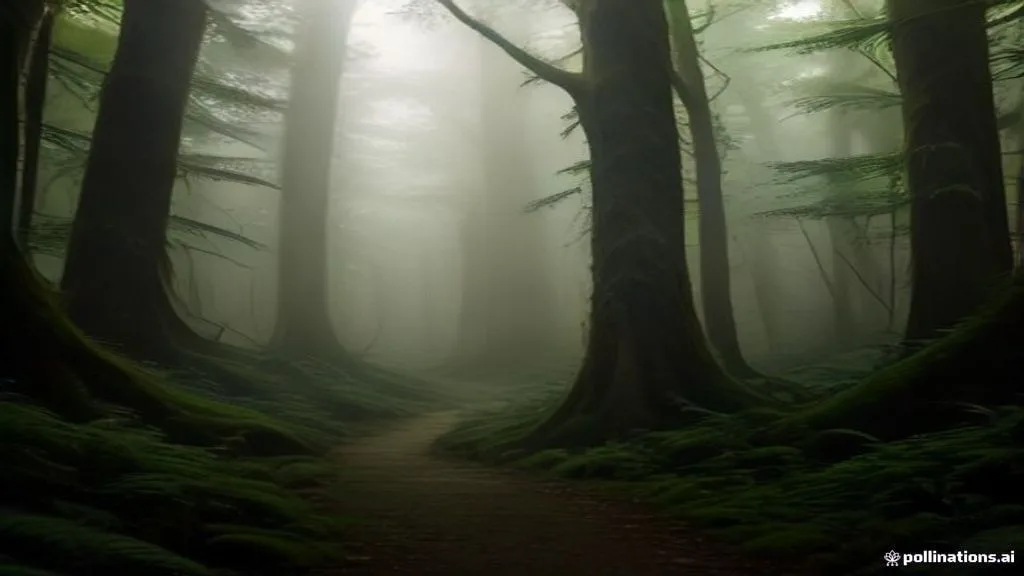 A beautiful, serene path winding through an ancient, damp temperate rainforest. Tall, majestic trees are cloaked in soft moss, with delicate ferns lining the pathway. Soft golden rays of morning sun filter through the canopy, illuminating the morning mist. Quiet, cool atmosphere, sharp details of bark and wet leaves, high-end landscape photography.