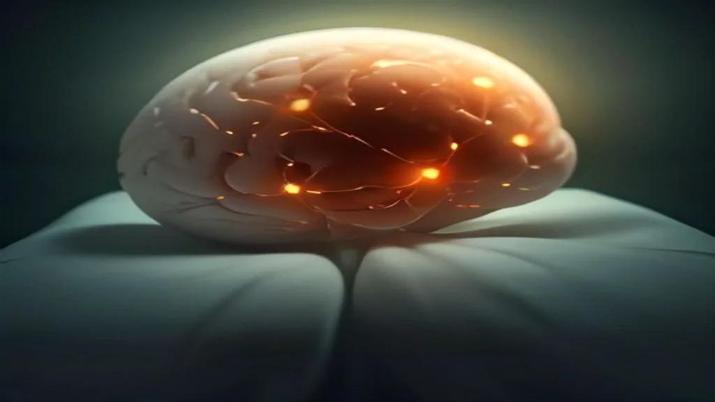 A photorealistic conceptual 3D render of a human brain, with the prefrontal cortex actively glowing with bright orange and white neural pathways, while the rest of the brain remains in deep, quiet blue. Dark background, scientific but artistic look.