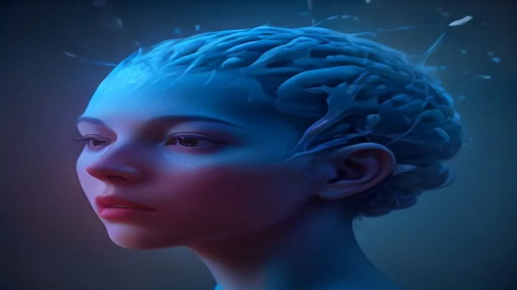 A scientifically accurate 3D medical visualization of a human brain. The default mode network (DMN) areas are fading from a tense red color to a calm, deep blue, while the prefrontal cortex glows with a soft, focused golden light. Highly detailed anatomical rendering, dark background, cinematic scientific lighting.