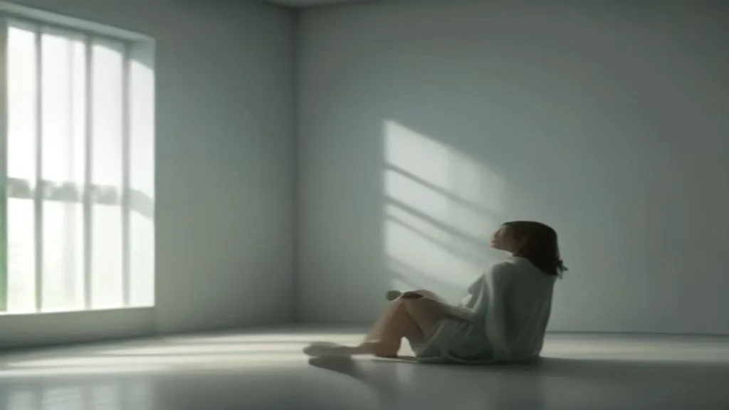 A serene, high-quality photograph of a person sitting in a modern, minimalist room with floor-to-ceiling windows, observing a glowing, floating holographic thought bubble containing chaotic text that slowly dissolves into mist. The person is calm, representing cognitive distance. Soft natural light, shallow depth of field.