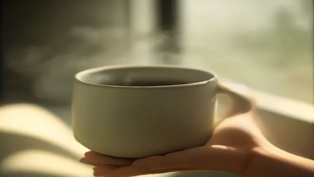 Close-up of a person's hands holding a textured, hand-thrown ceramic cup with steam rising gently, soft natural light filtering through a window, focus on tactile details and warmth, depth of field, warm cozy aesthetic.