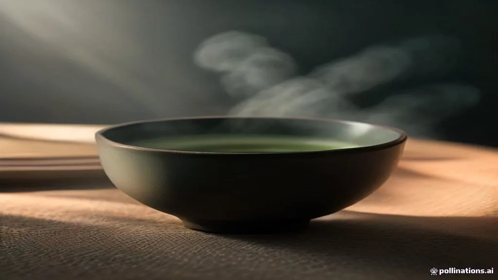 First-person perspective macro shot of two hands holding a warm, dark, hand-textured ceramic bowl filled with steaming matcha tea. The steam rises in a visible, delicate plume, illuminated by a sharp beam of morning sun cutting through a dark room. Natural linen sleeve visible. Focus on the warm, tactile texture of the clay and the vapor, photorealistic, cozy, quiet atmosphere.
