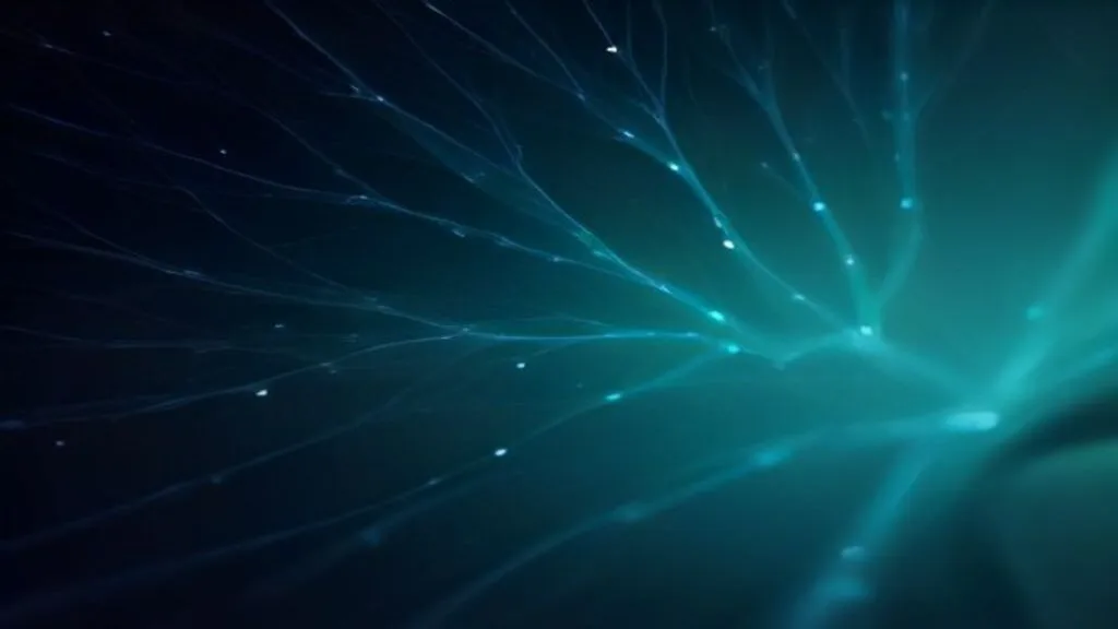 Macro close-up shot of a human nerve fiber network glowing with soft bioluminescent blue and gold light, representing the vagus nerve and somatic connection, dark background, hyper-realistic 8k render, scientific aesthetic.