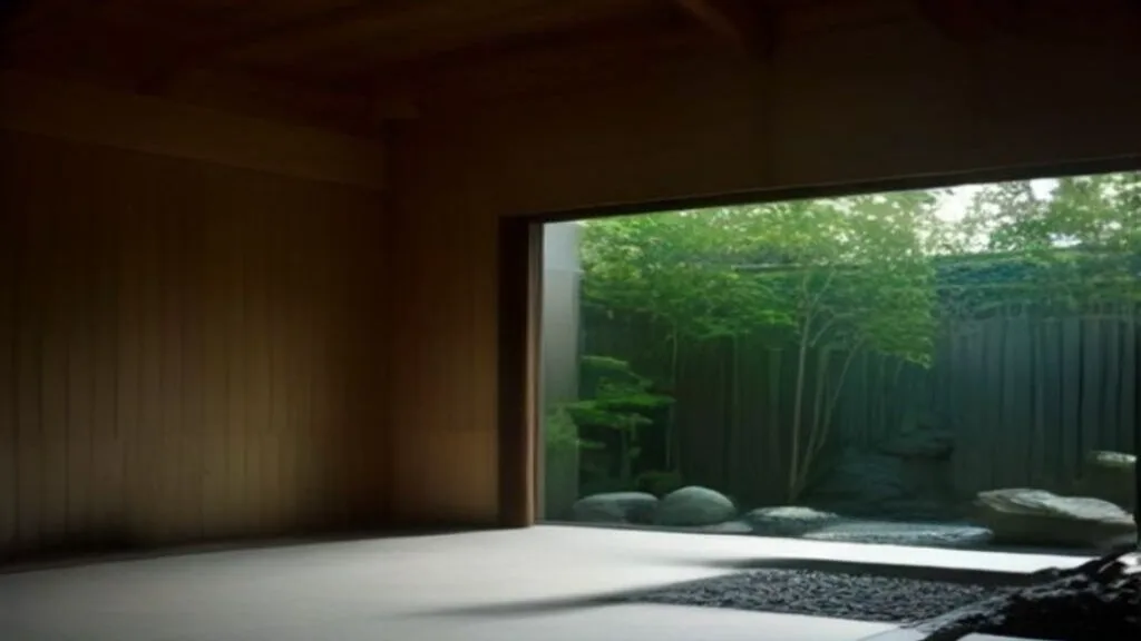 A tranquil interior corner featuring a traditional karesansui zen garden element with perfectly raked white gravel and a smooth, weathered stone, set against dark wood slats. The lighting is low-key and contemplative, emphasizing silence and architectural order.