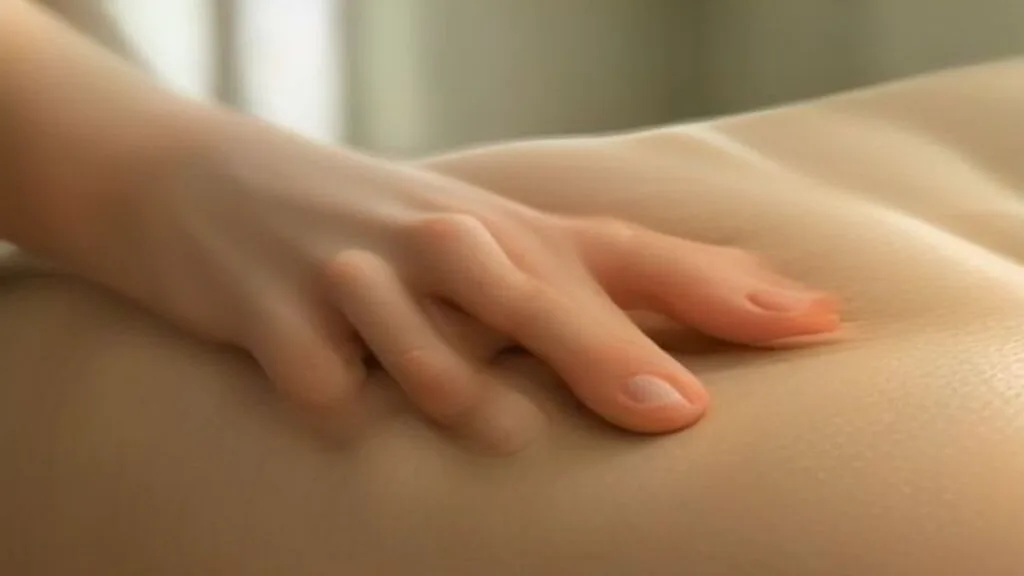 Detailed close-up of a pair of hands gently performing a rhythmic circular massage over the abdomen region, neutral clothing, natural soft lighting, conveying tactile calm and internal connection.