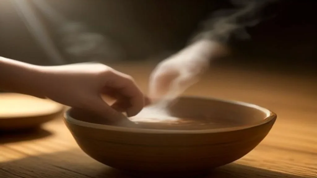 Plano detalle de acción tangible centrado en unas manos sosteniendo un cuenco artesanal de cerámica de té humeante sobre una mesa de madera de roble natural. Luz solar suave entrando de lado, vapor fino ascendiendo en el aire, transmitiendo una pausa consciente y anclaje físico, fotorrealista, textura profunda, profundidad de campo reducida.